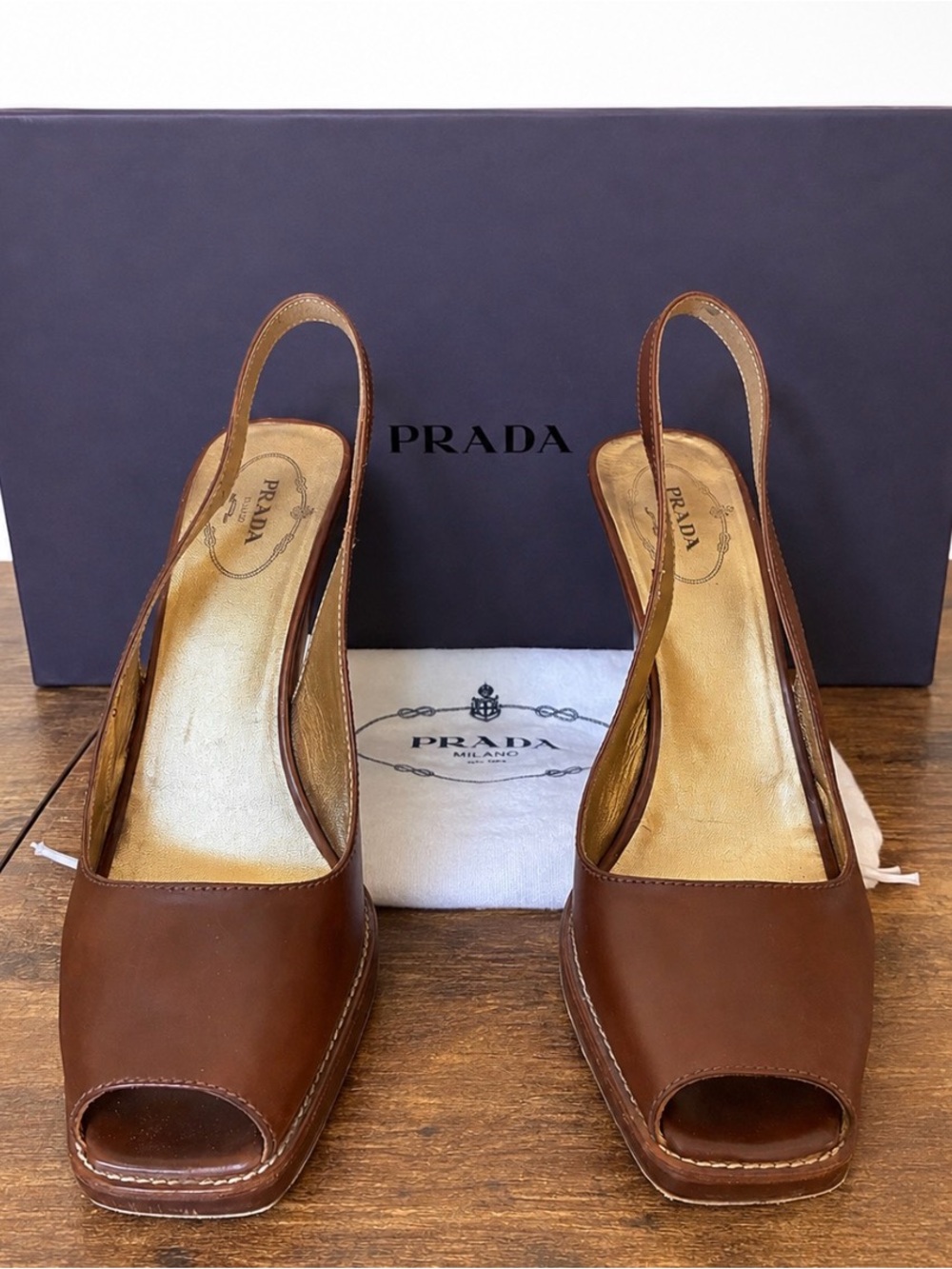 Prada Brown Leather Peep-Toe Slingback Heels – Size 39 – Made in Italy